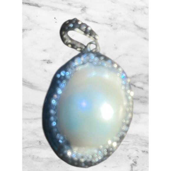 Baroque Pearl Pendant with Halo of CZ and Marcasite  1” x .75” - Picture 2 of 5